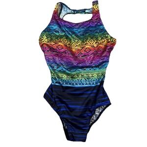 Longitude Size 12 One Piece Swimsuit Graphic Print Swim Bra Padded H Back Womens